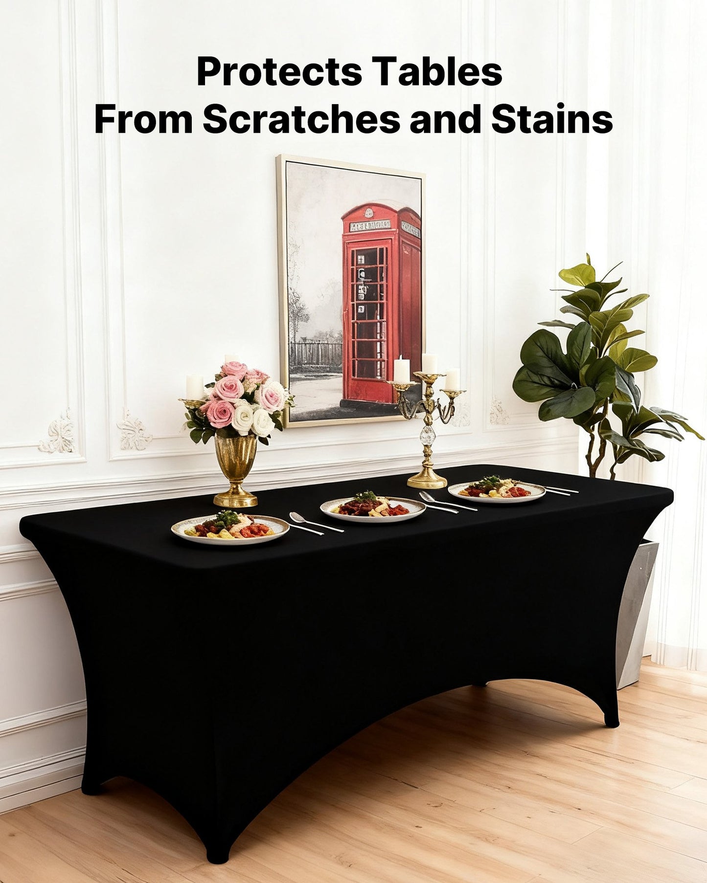 6er-Pack Tischdecken für 2,4 m lange rechteckige Tische, knitterfrei, dehnbar, schwarz, waschbarer Spandex-Tischdeckenschutz, für Partys, Hochzeiten, Cocktailpartys, Bankette und Festivals