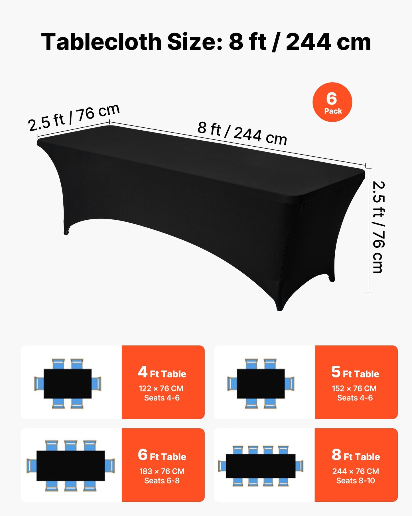 6er-Pack Tischdecken für 2,4 m lange rechteckige Tische, knitterfrei, dehnbar, schwarz, waschbarer Spandex-Tischdeckenschutz, für Partys, Hochzeiten, Cocktailpartys, Bankette und Festivals