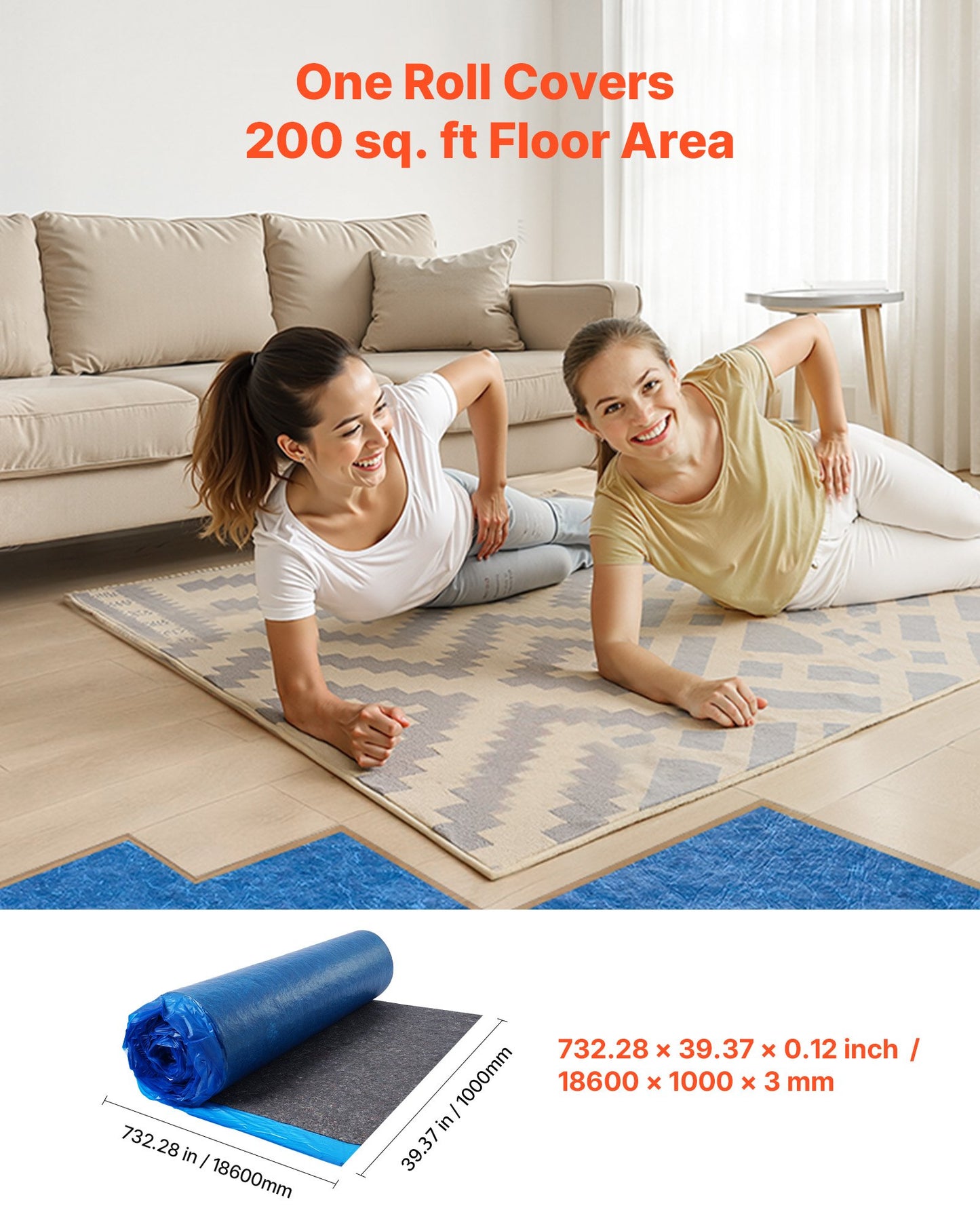 Floor Underlayment 37.2 m², 3mm Laminate Flooring Padding with Attached Vapor Barrier, Heavy Duty Fiber+PE Film, Soundproofing & Noise Reduction for Vinyl & Wood Floors(2 Rolls x 18.6 m²)