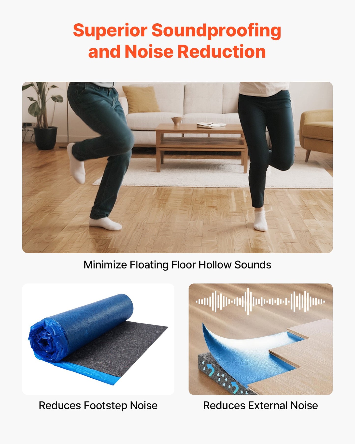 Floor Underlayment 37.2 m², 3mm Laminate Flooring Padding with Attached Vapor Barrier, Heavy Duty Fiber+PE Film, Soundproofing & Noise Reduction for Vinyl & Wood Floors(2 Rolls x 18.6 m²)