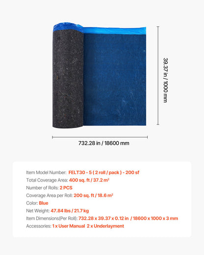 Floor Underlayment 37.2 m², 3mm Laminate Flooring Padding with Attached Vapor Barrier, Heavy Duty Fiber+PE Film, Soundproofing & Noise Reduction for Vinyl & Wood Floors(2 Rolls x 18.6 m²)