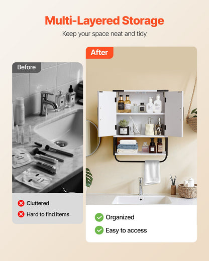 Bathroom Wall Cabinet, with 2 Doors & Adjustable Shelf, Over the Toilet Storage Medicine Cabinet Wall Mounted, Hanging Organizer with Open Partition & Towel Bar for Laundry Room Kitchen, White