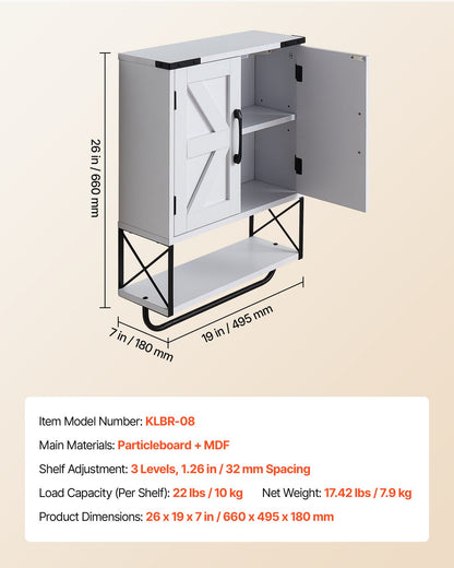 Bathroom Wall Cabinet, with 2 Doors & Adjustable Shelf, Over the Toilet Storage Medicine Cabinet Wall Mounted, Hanging Organizer with Open Partition & Towel Bar for Laundry Room Kitchen, White