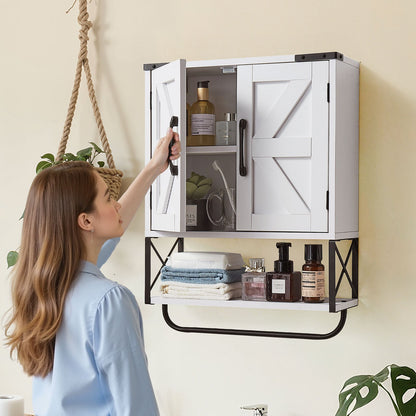 Bathroom Wall Cabinet, with 2 Doors & Adjustable Shelf, Over the Toilet Storage Medicine Cabinet Wall Mounted, Hanging Organizer with Open Partition & Towel Bar for Laundry Room Kitchen, White