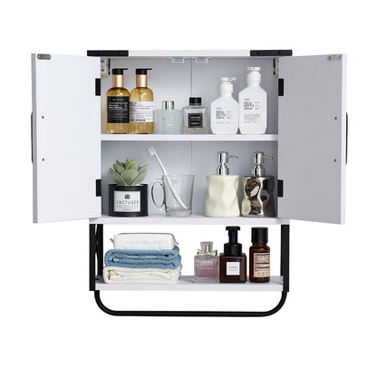 Bathroom Wall Cabinet, with 2 Doors & Adjustable Shelf, Over the Toilet Storage Medicine Cabinet Wall Mounted, Hanging Organizer with Open Partition & Towel Bar for Laundry Room Kitchen, White