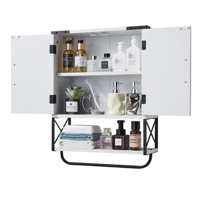 Bathroom Wall Cabinet, with 2 Doors & Adjustable Shelf, Over the Toilet Storage Medicine Cabinet Wall Mounted, Hanging Organizer with Open Partition & Towel Bar for Laundry Room Kitchen, White