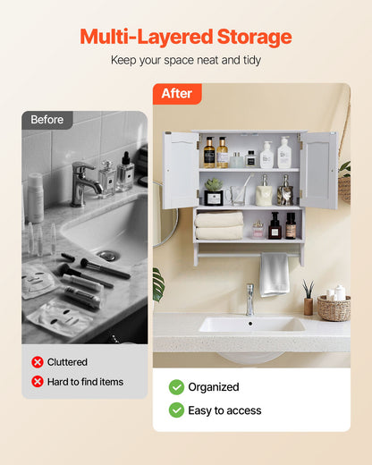 Bathroom Wall Cabinet, 2 Doors and Adjustable Shelf, Over the Toilet Storage Medicine Cabinet Wall Mounted, Hanging Organizer with Open Partition and Towel Bar for Laundry Room Kitchen, White