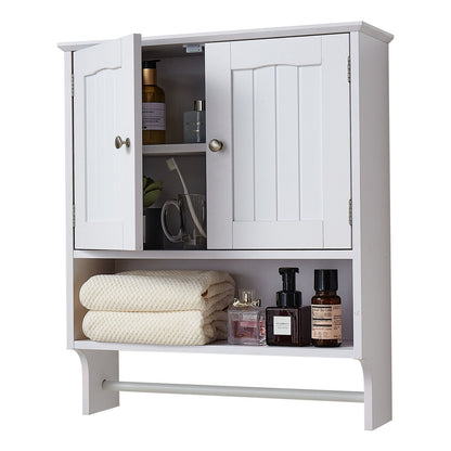 Bathroom Wall Cabinet, 2 Doors and Adjustable Shelf, Over the Toilet Storage Medicine Cabinet Wall Mounted, Hanging Organizer with Open Partition and Towel Bar for Laundry Room Kitchen, White