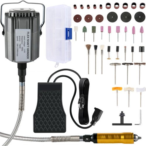 Flexwellenschleifer 780W Rotationswerkzeug 500-23000 U/min Rotationsschleifer mit 0,635 cm 3-Backen-Spannfutter und stufenloser Drehzahlregelung per Fußpedal Hängeschleifmaschine 131-teiliges Zubehör für Schmuckpolier- und Schleifarbeiten
