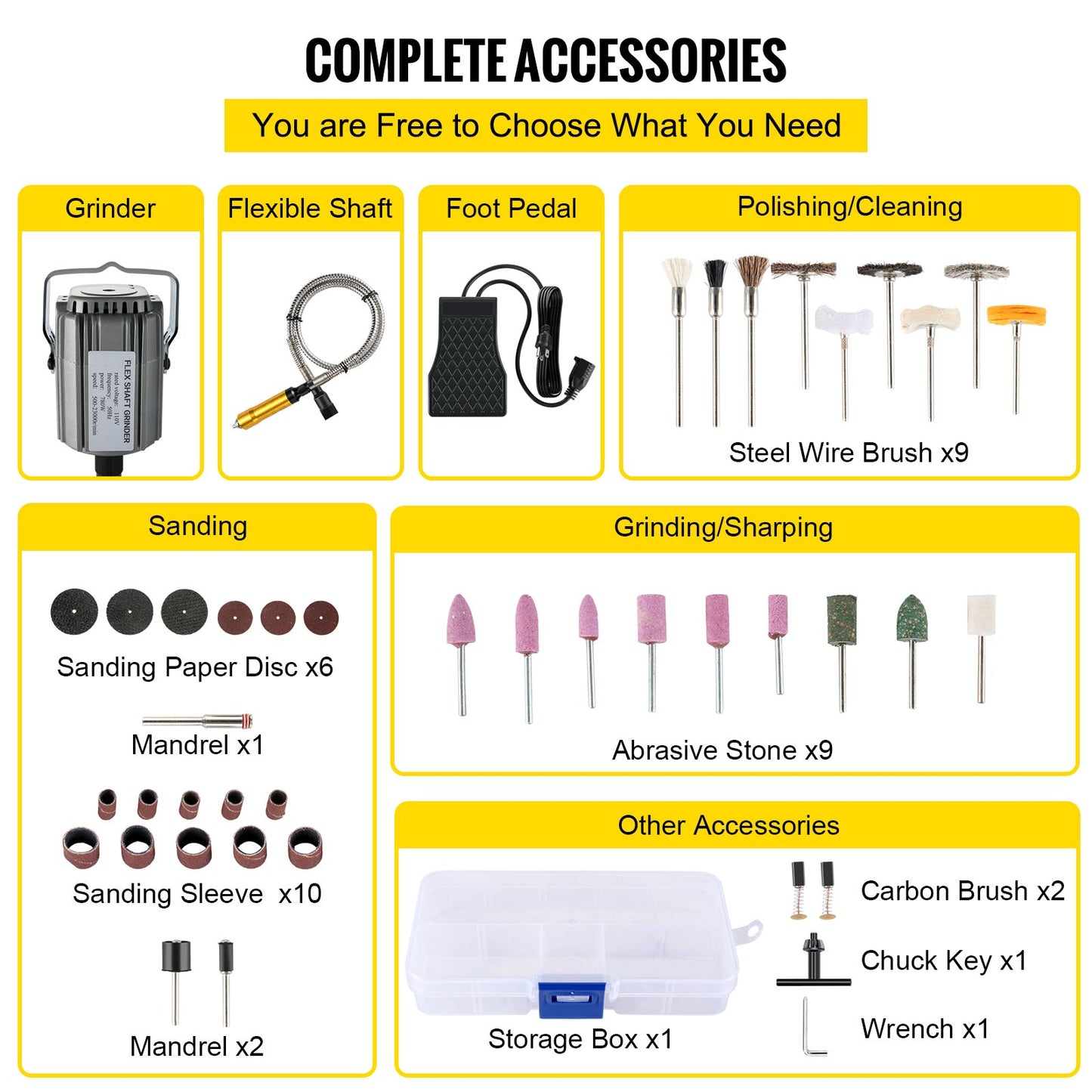 Flexwellenschleifer 780W Rotationswerkzeug 500-23000 U/min Rotationsschleifer mit 0,635 cm 3-Backen-Spannfutter und stufenloser Drehzahlregelung per Fußpedal Hängeschleifmaschine 131-teiliges Zubehör für Schmuckpolier- und Schleifarbeiten