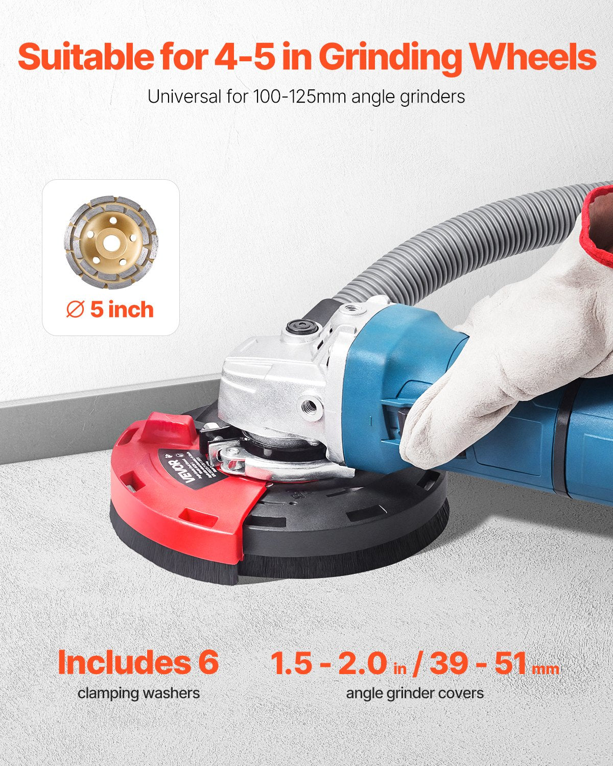 Grinding Dust Shroud for Angle Grinder, Universal 4-5 in, Surface Grinder Dust Shroud with 6 Clamping Washers & 5 in Diamond Grinding Cup Wheel, Connect to Vacuum Cleaner, for Wood Concrete Wall
