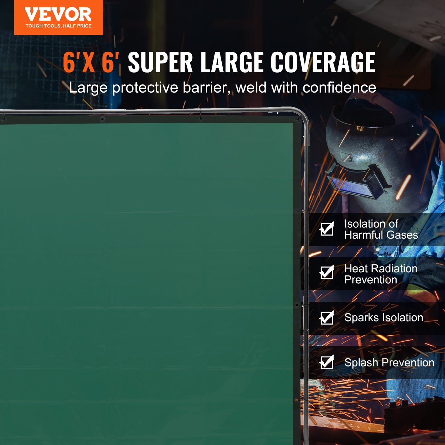 Welding Screen with Frame, 1.8 x 1.8 m Welding Curtain Screen, Flame-Resistant Vinyl Welding Protection Screen on 4 Swivel Wheels (2 Lockable), Moveable & Professional for Workshop/Industrial, Green