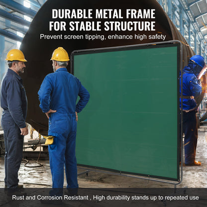 Welding Screen with Frame, 1.8 x 1.8 m Welding Curtain Screen, Flame-Resistant Vinyl Welding Protection Screen on 4 Swivel Wheels (2 Lockable), Moveable & Professional for Workshop/Industrial, Green