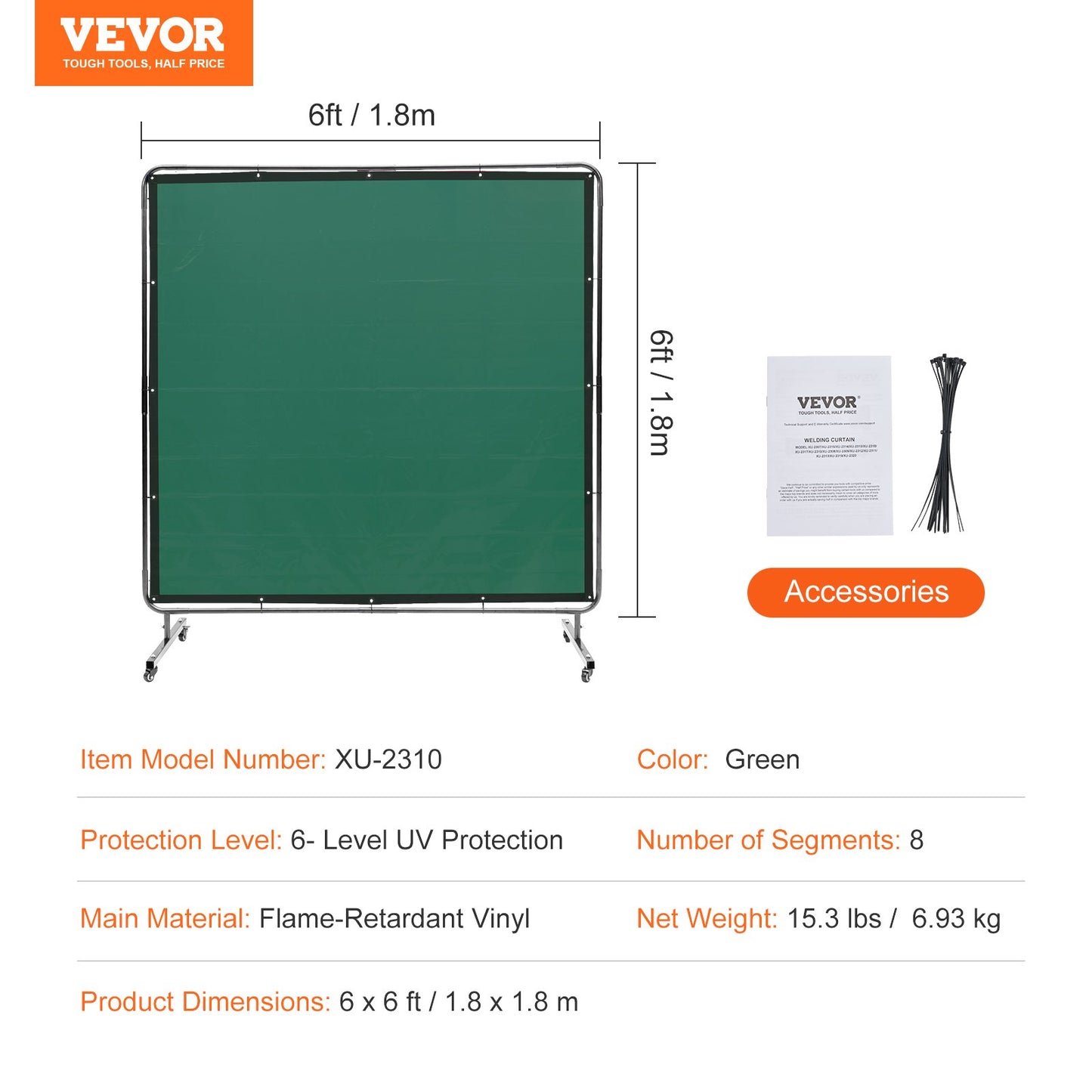 Welding Screen with Frame, 1.8 x 1.8 m Welding Curtain Screen, Flame-Resistant Vinyl Welding Protection Screen on 4 Swivel Wheels (2 Lockable), Moveable & Professional for Workshop/Industrial, Green