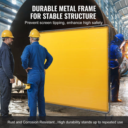 Welding Screen with Frame, 6' x 8' Welding Curtain Screen, Flame-Resistant Vinyl Welding Protection Screen on 4 Swivel Wheel (2 Lockable), Moveable & Professional for Workshop/Industrial, Yellow