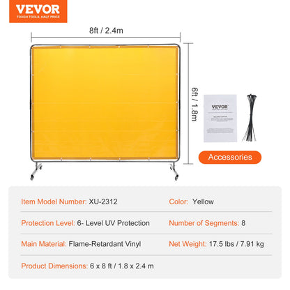 Welding Screen with Frame, 6' x 8' Welding Curtain Screen, Flame-Resistant Vinyl Welding Protection Screen on 4 Swivel Wheel (2 Lockable), Moveable & Professional for Workshop/Industrial, Yellow