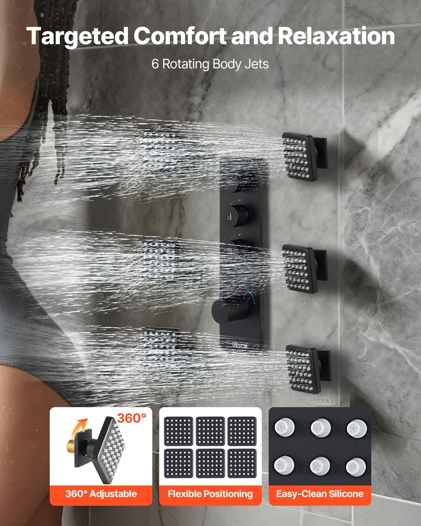 Duscharmatur-Set, 406 mm Thermostat-Deckenmontage-Regenduschsystem mit 6 Körperdüsen und Handbrause, drehbarer 3-Funktions-Regenkopf, komplettes Messingventil- und Abdeckset, Mattschwarz