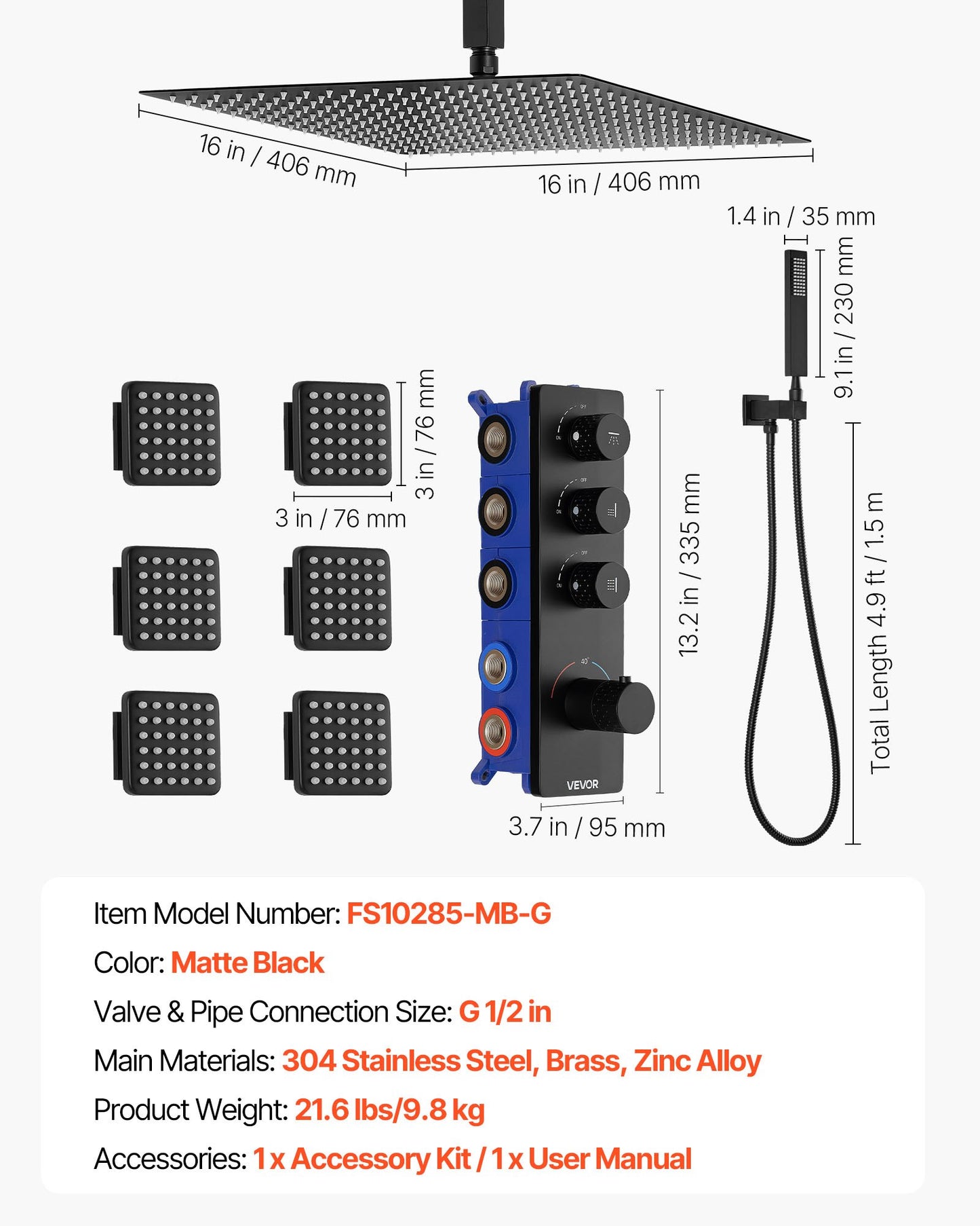 Duscharmatur-Set, 406 mm Thermostat-Deckenmontage-Regenduschsystem mit 6 Körperdüsen und Handbrause, drehbarer 3-Funktions-Regenkopf, komplettes Messingventil- und Abdeckset, Mattschwarz