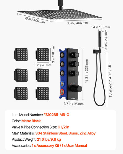Duscharmatur-Set, 406 mm Thermostat-Deckenmontage-Regenduschsystem mit 6 Körperdüsen und Handbrause, drehbarer 3-Funktions-Regenkopf, komplettes Messingventil- und Abdeckset, Mattschwarz
