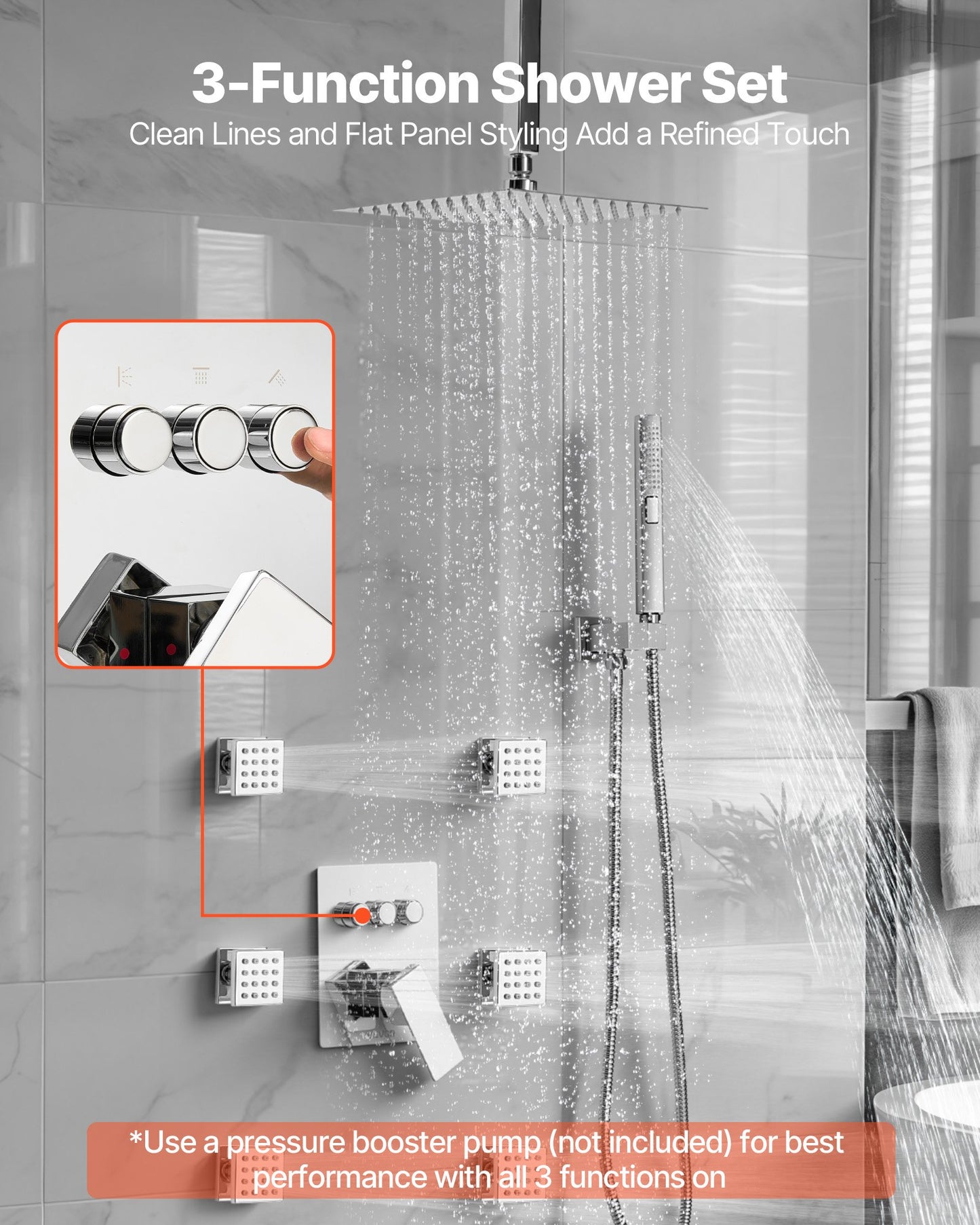 Duscharmatur-Set, 254 mm Deckenmontage, Regenduschsystem mit 6 Körperdüsen und 2-in-1-Handbrause, drehbarer 3-Funktions-Regenkopf, komplettes Messingventil- und Abdeckset, Chrom