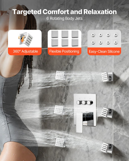 Duscharmatur-Set, 254 mm Deckenmontage, Regenduschsystem mit 6 Körperdüsen und 2-in-1-Handbrause, drehbarer 3-Funktions-Regenkopf, komplettes Messingventil- und Abdeckset, Chrom