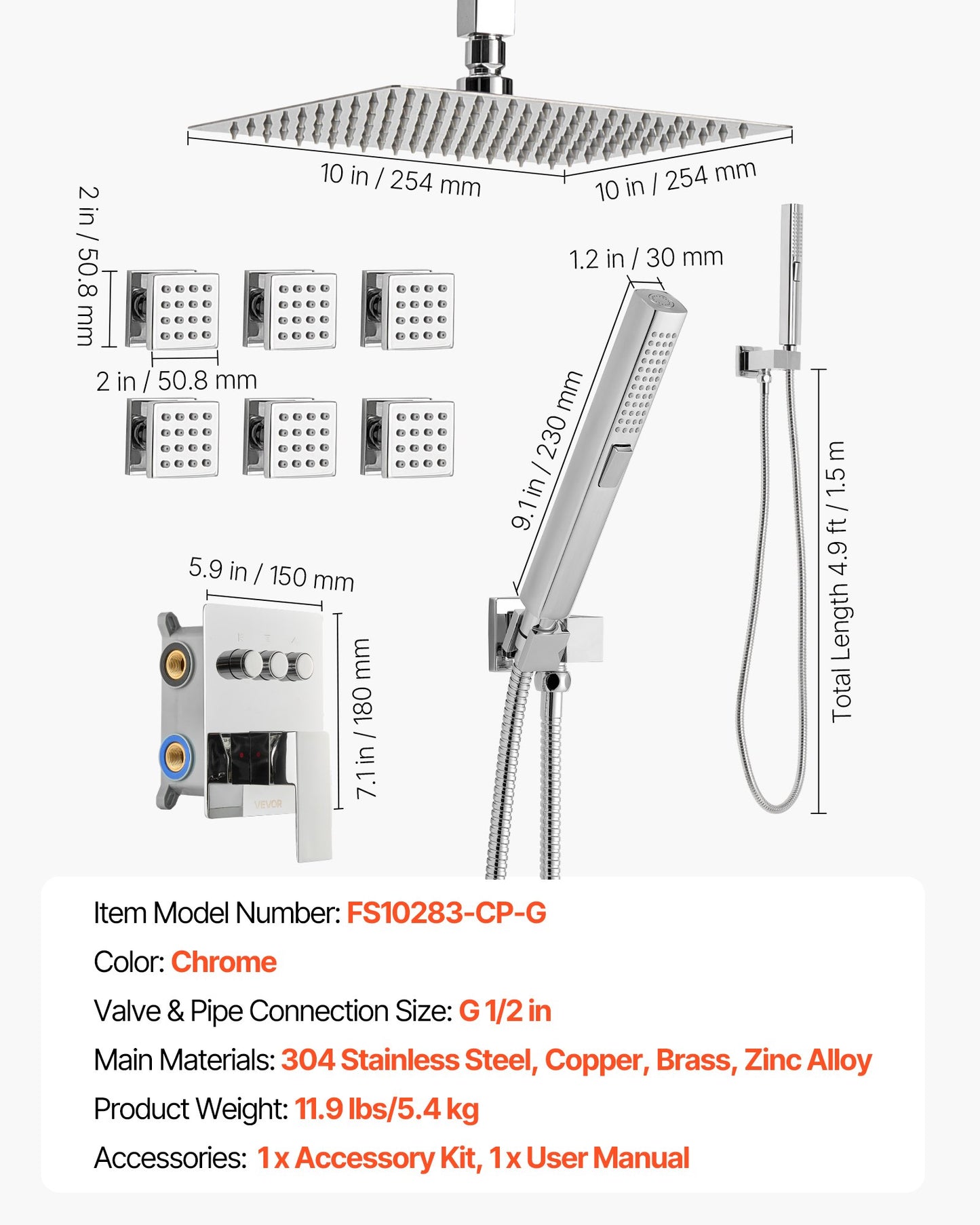 Duscharmatur-Set, 254 mm Deckenmontage, Regenduschsystem mit 6 Körperdüsen und 2-in-1-Handbrause, drehbarer 3-Funktions-Regenkopf, komplettes Messingventil- und Abdeckset, Chrom