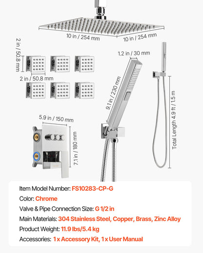 Duscharmatur-Set, 254 mm Deckenmontage, Regenduschsystem mit 6 Körperdüsen und 2-in-1-Handbrause, drehbarer 3-Funktions-Regenkopf, komplettes Messingventil- und Abdeckset, Chrom