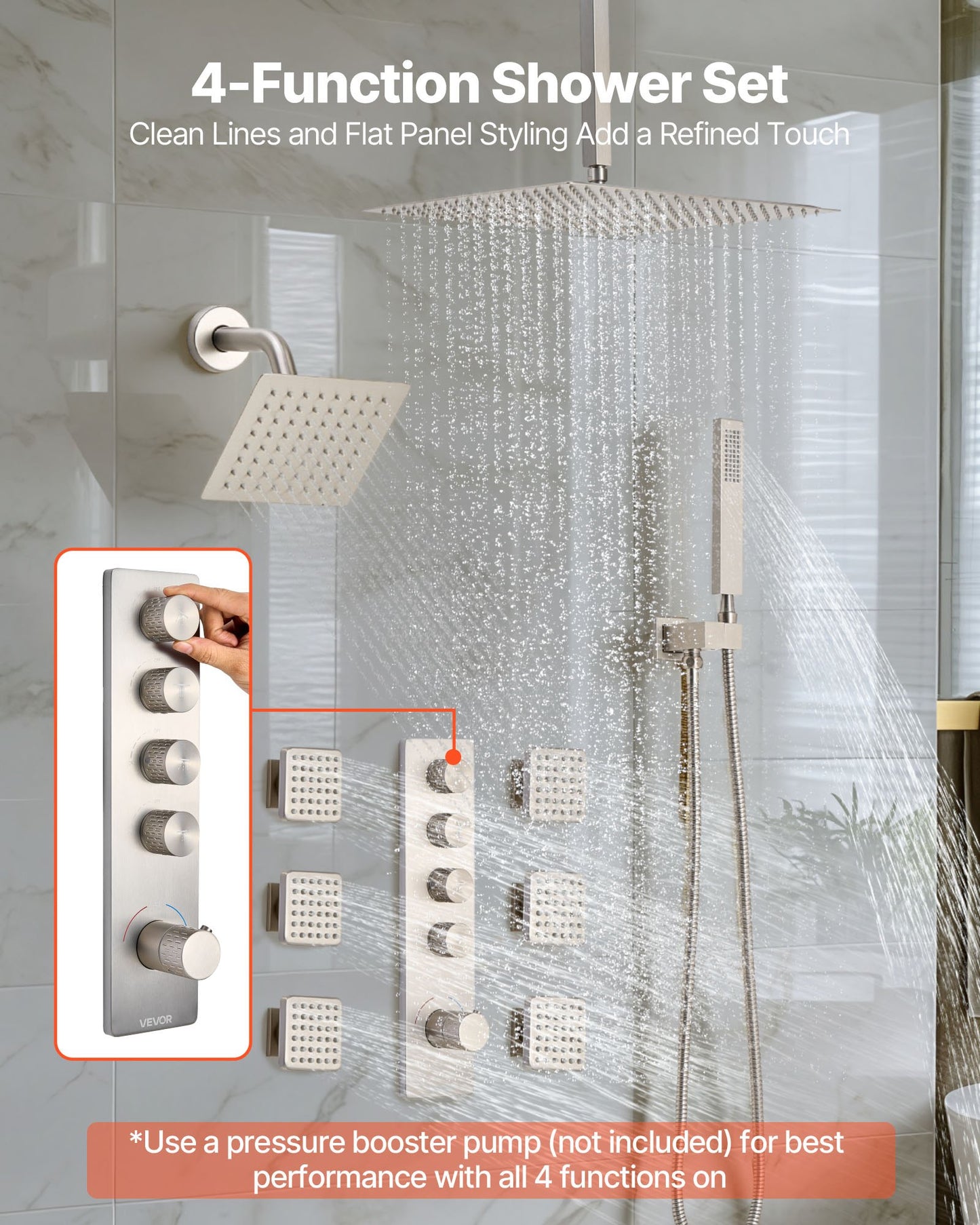 Duscharmatur-Set, 406 mm thermostatische Deckenmontage-Regenduschanlage mit 152 mm Wandbrausekopf, 6 Körperdüsen und Handbrause, Doppel-Regenduschkopf-Messingventil und Abdeckset, gebürstetes Nickel