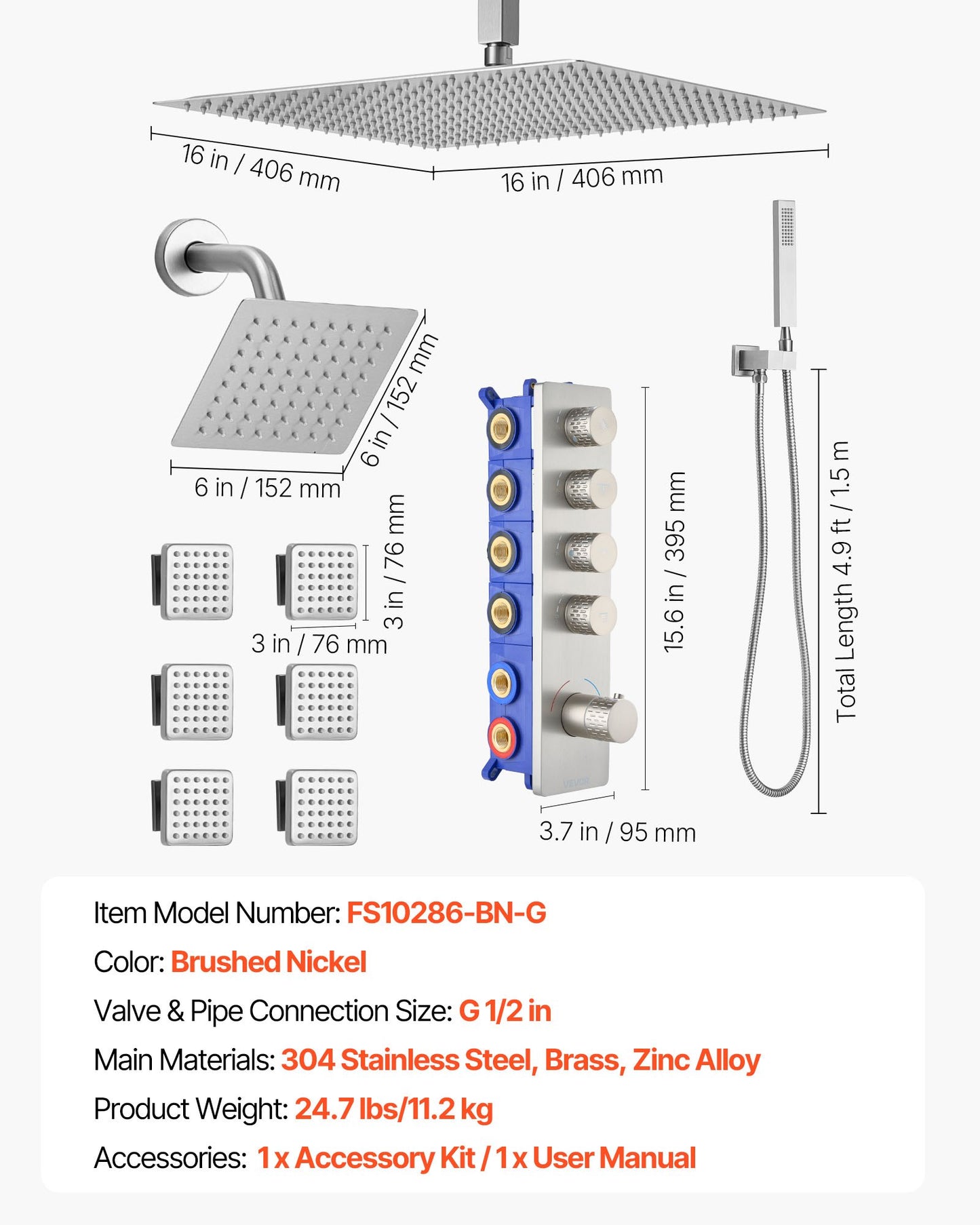 Duscharmatur-Set, 406 mm thermostatische Deckenmontage-Regenduschanlage mit 152 mm Wandbrausekopf, 6 Körperdüsen und Handbrause, Doppel-Regenduschkopf-Messingventil und Abdeckset, gebürstetes Nickel
