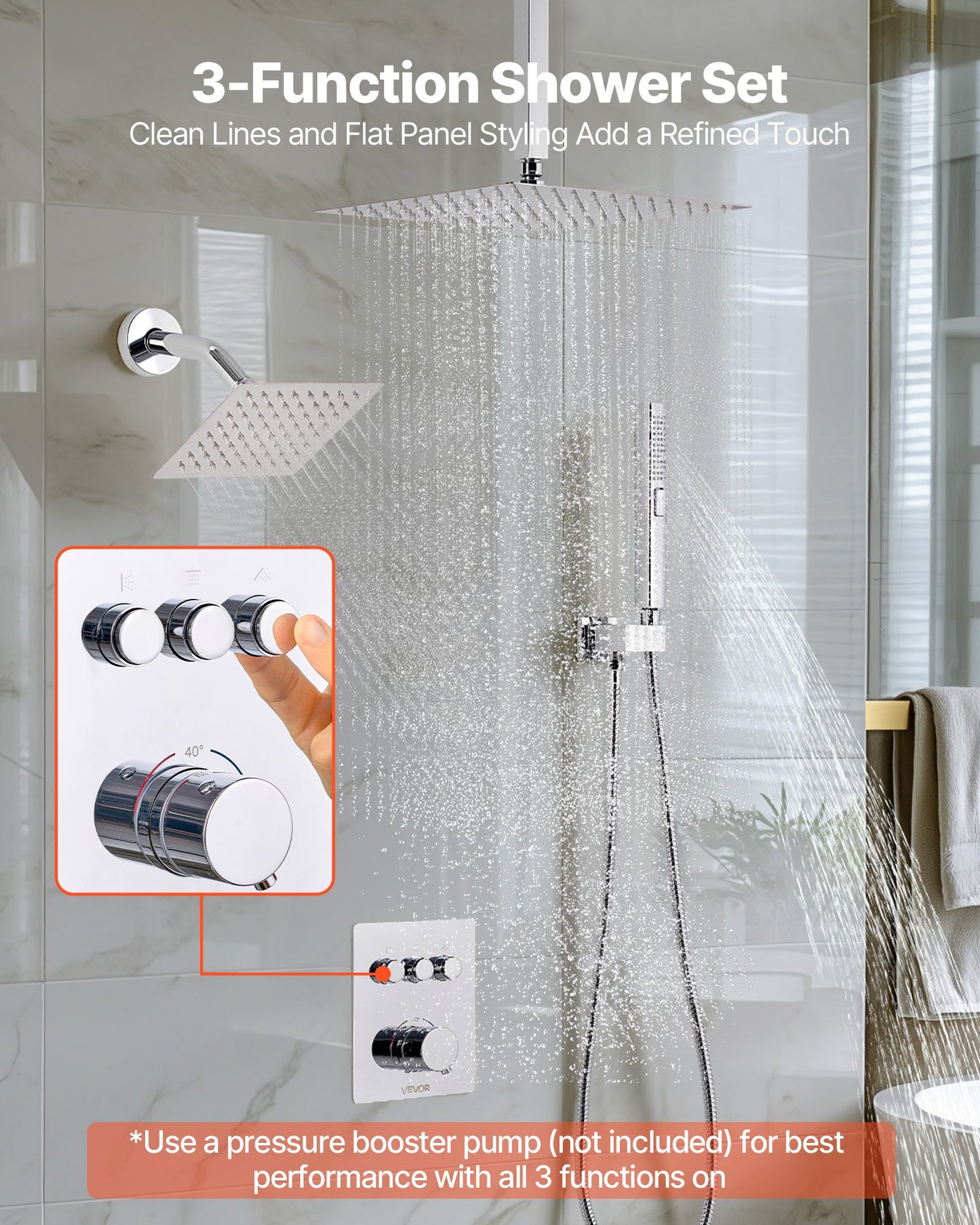 Shower Faucet Set, 305 mm Thermostatic Ceiling Mount Rainfall Shower System with 152 mm Wall Mount Head and 2 in 1 Handheld Spray, 3-Function Dual Rain Head Brass Valve and Trim Kit, Chrome