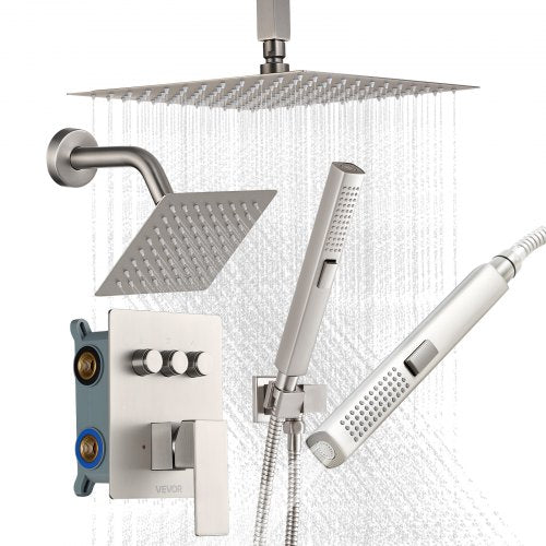 Duscharmatur-Set, 254 mm Deckenmontage-Regenduschsystem mit 152 mm Wandbrausekopf und 2-in-1-Handbrause, drehbarer 3-Funktions-Doppel-Regenduschkopf, Messingventil und Abdeckset, gebürstetes Nickel