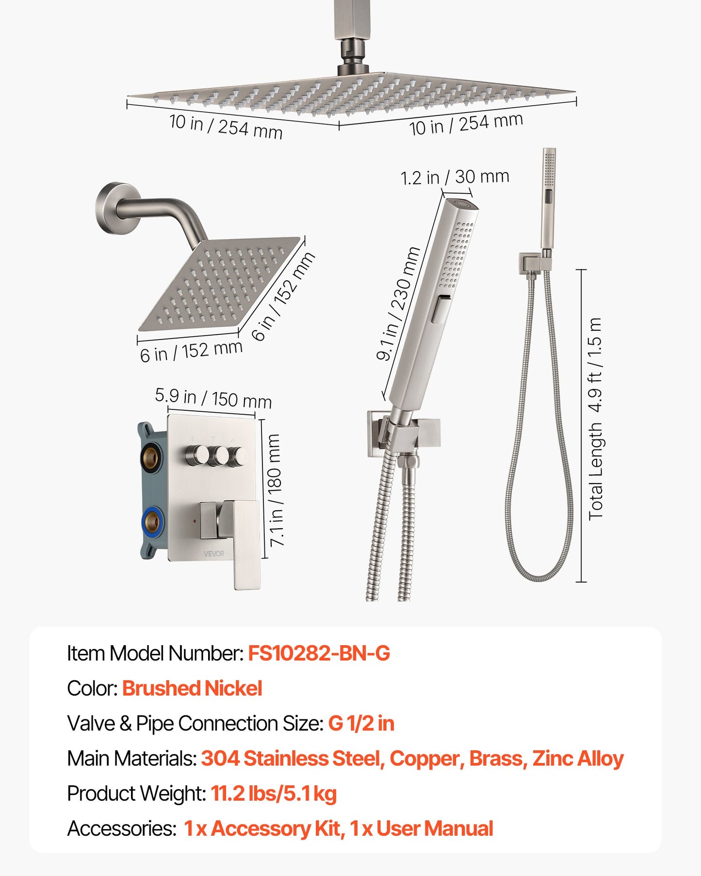 Shower Faucet Set, 254 mm Ceiling Mount Rainfall Shower System with 152 mm Wall Mount Head and 2 in 1 Handheld Spray, Rotatable 3-Function Dual Rain Head Brass Valve & Trim Kit, Brushed Nickel
