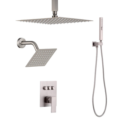 Shower Faucet Set, 254 mm Ceiling Mount Rainfall Shower System with 152 mm Wall Mount Head and 2 in 1 Handheld Spray, Rotatable 3-Function Dual Rain Head Brass Valve & Trim Kit, Brushed Nickel