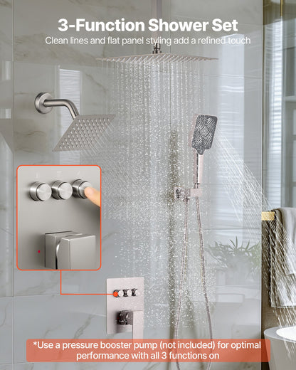 Shower Faucet Set, 305 mm Ceiling Mount Rainfall Shower System with 152 mm Wall Mount Head and 4 in 1 Handheld Spray, Rotatable 3-Function Dual Rain Head Brass Valve & Trim Kit, Brushed Nickel