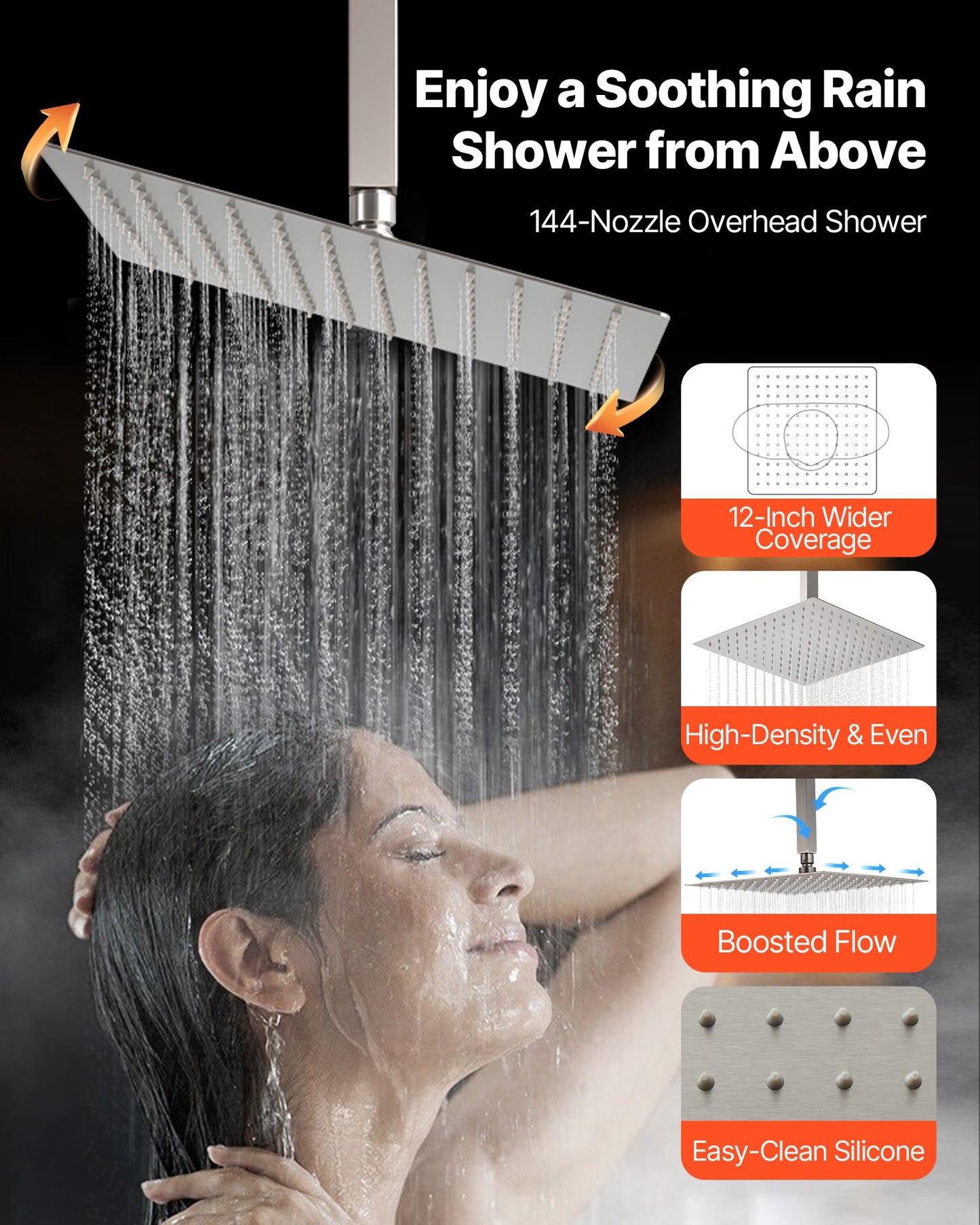 Shower Faucet Set, 305 mm Ceiling Mount Rainfall Shower System with 152 mm Wall Mount Head and 4 in 1 Handheld Spray, Rotatable 3-Function Dual Rain Head Brass Valve & Trim Kit, Brushed Nickel