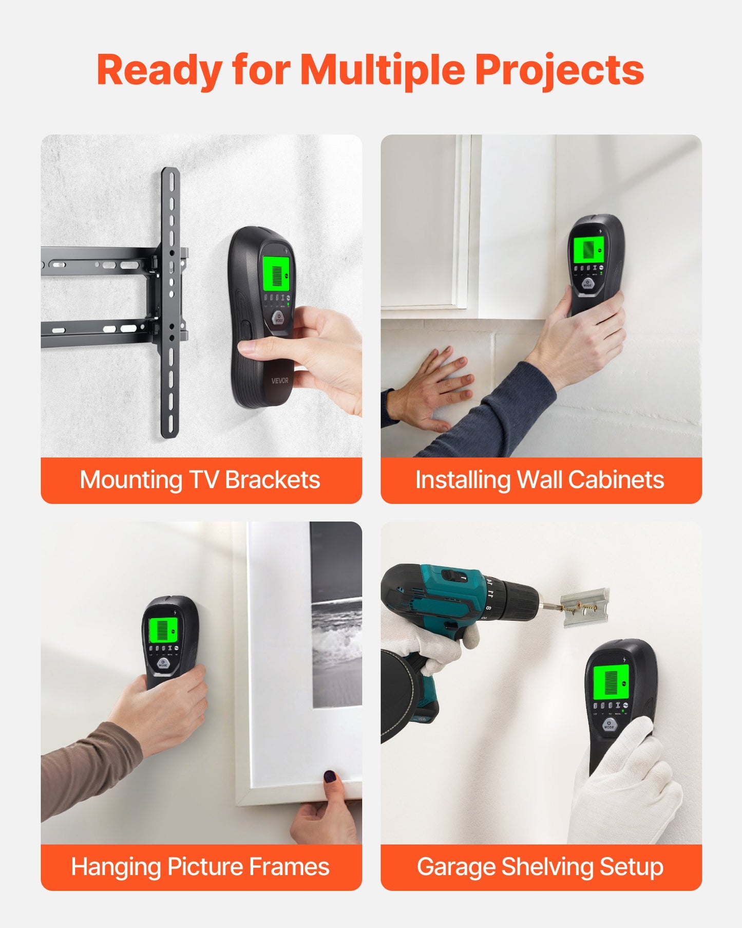 Elektronischer Wandbalkendetektor 5-in-1 mit intelligentem Sensor, hochauflösendem LCD-Display und akustischem Alarm zur Erkennung von Metallträgern (Mitte und Rand), Stromleitungen, Balken und Rohren. Farbe: Schwarz.