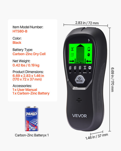 Elektronischer Wandbalkendetektor 5-in-1 mit intelligentem Sensor, hochauflösendem LCD-Display und akustischem Alarm zur Erkennung von Metallträgern (Mitte und Rand), Stromleitungen, Balken und Rohren. Farbe: Schwarz.