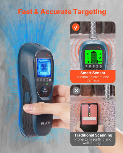 Elektronischer Wandständerdetektor 5-in-1 mit intelligentem Sensor, hochauflösendem LCD-Display und akustischem Alarm zur Erkennung von Metallträgern (Mitte und Rand), Stromleitungen, Balken, Rohren usw. (Blau)