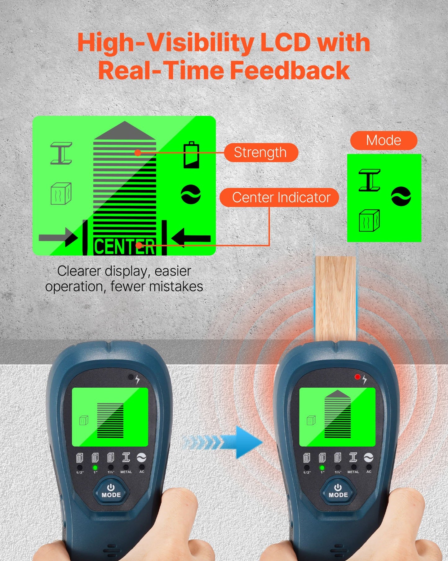 Elektronischer Wandständerdetektor 5-in-1 mit intelligentem Sensor, hochauflösendem LCD-Display und akustischem Alarm zur Erkennung von Metallträgern (Mitte und Rand), Stromleitungen, Balken, Rohren usw. (Blau)