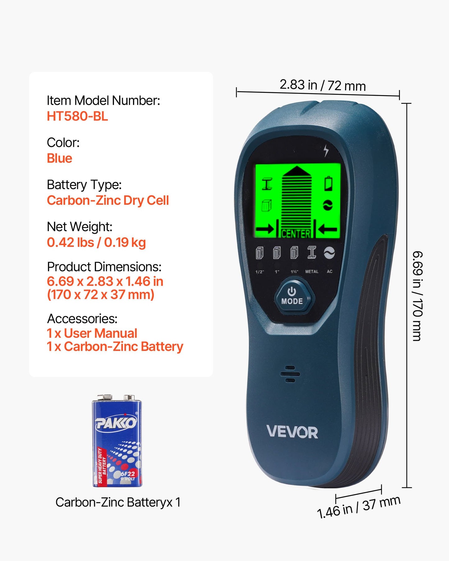 Elektronischer Wandständerdetektor 5-in-1 mit intelligentem Sensor, hochauflösendem LCD-Display und akustischem Alarm zur Erkennung von Metallträgern (Mitte und Rand), Stromleitungen, Balken, Rohren usw. (Blau)