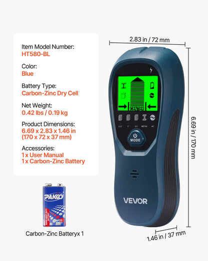 Elektronischer Wandständerdetektor 5-in-1 mit intelligentem Sensor, hochauflösendem LCD-Display und akustischem Alarm zur Erkennung von Metallträgern (Mitte und Rand), Stromleitungen, Balken, Rohren usw. (Blau)