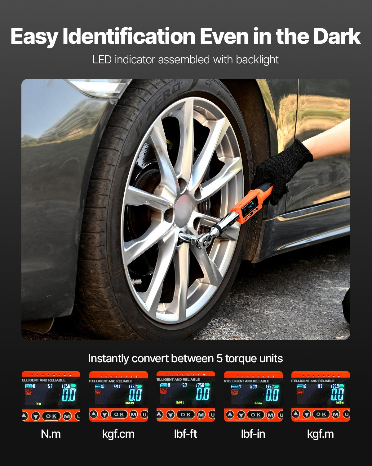 Digitaler Drehmomentschlüssel, 3/8-Zoll-Antrieb, 0–99,57 lbf-ft ​​/ 0–135 Nm, 72 Zähne, ±2 % Genauigkeit, elektronischer Drehmomentschlüssel mit voreingestellten Werten, akustischem Signal und LED-Anzeige, für Kraftfahrzeuge und Motorräder