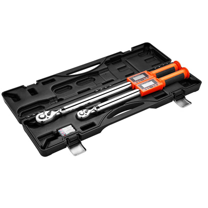 Digitaler Drehmomentschlüssel-Satz, 2-teilig, 1/2"- und 3/8"-Antrieb, 72 Zähne, ±2 % Genauigkeit, elektronischer Drehmomentschlüssel mit voreingestellten Werten, Signalton und LED-Anzeige, für Kfz und Motorrad