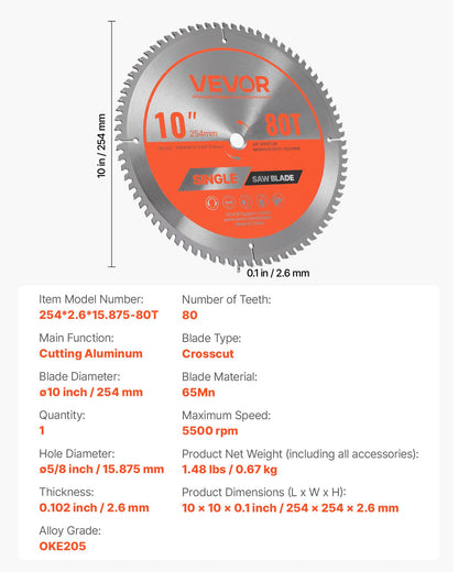 Circular Saw Blade, 254 mm Diameter, 80 Sharp Alloy Teeth, 15.875 mm Arbor, Fine Finish, Aluminum Cutting Blade for Circular Saw, with Noise-Reducing Heat Vents, for Cutting Steel and Metal