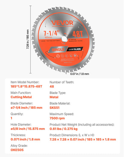 Circular Saw Blade, 185 mm Diameter, 48 Sharp Alloy Teeth, 15.875 mm Arbor, Fine Finish, Metal Cutting Blade for Circular Saw, with Noise-Reducing Heat Vents, for Cutting Steel and Aluminum