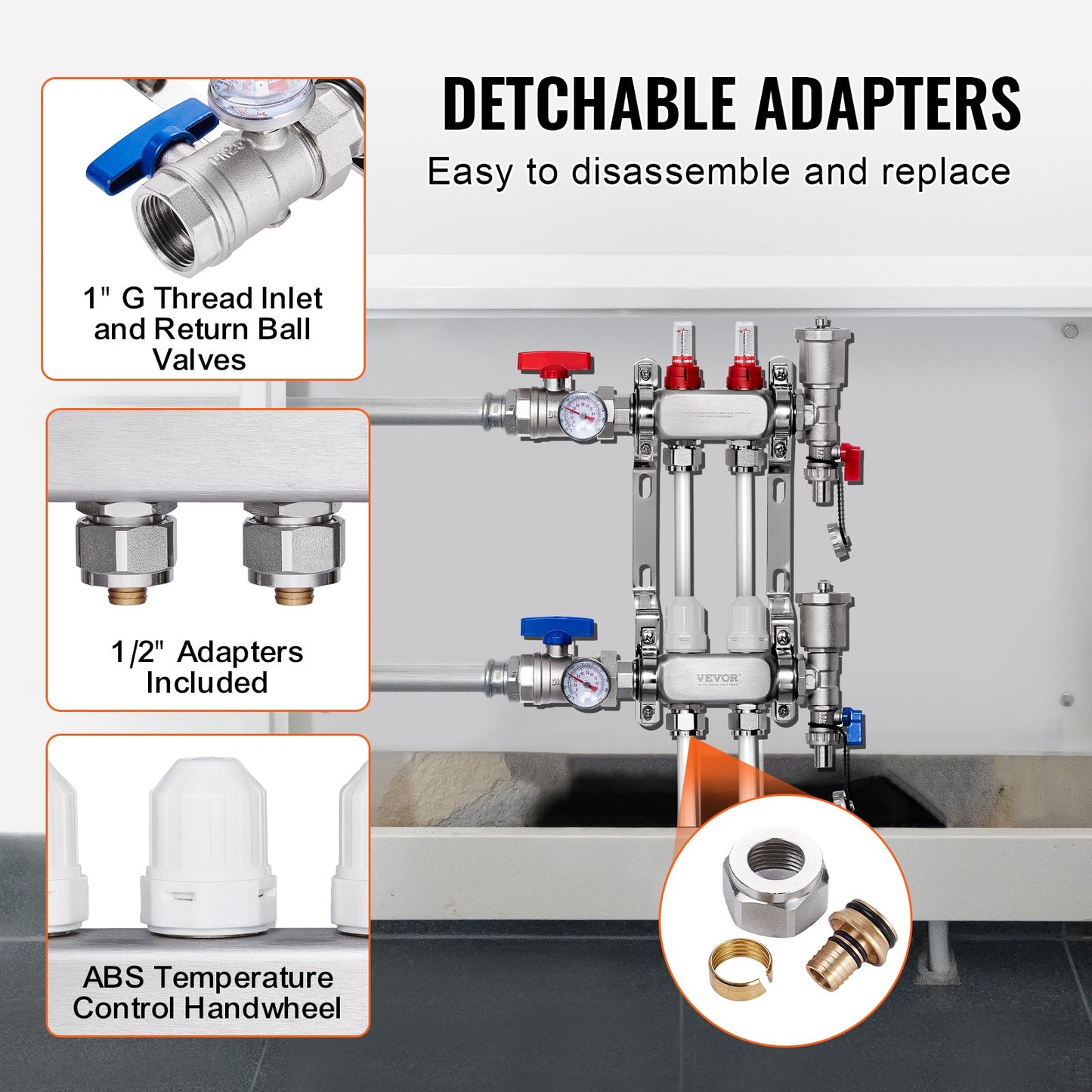 Zweifach-Verteiler für Fußbodenheizung, 1/2"-PEX-Rohrverteiler, Edelstahl-PEX-Verteiler für wasserführende Fußbodenheizung, PEX-Verteiler-Set für Fußbodenheizung inklusive 1/2"-Adaptern