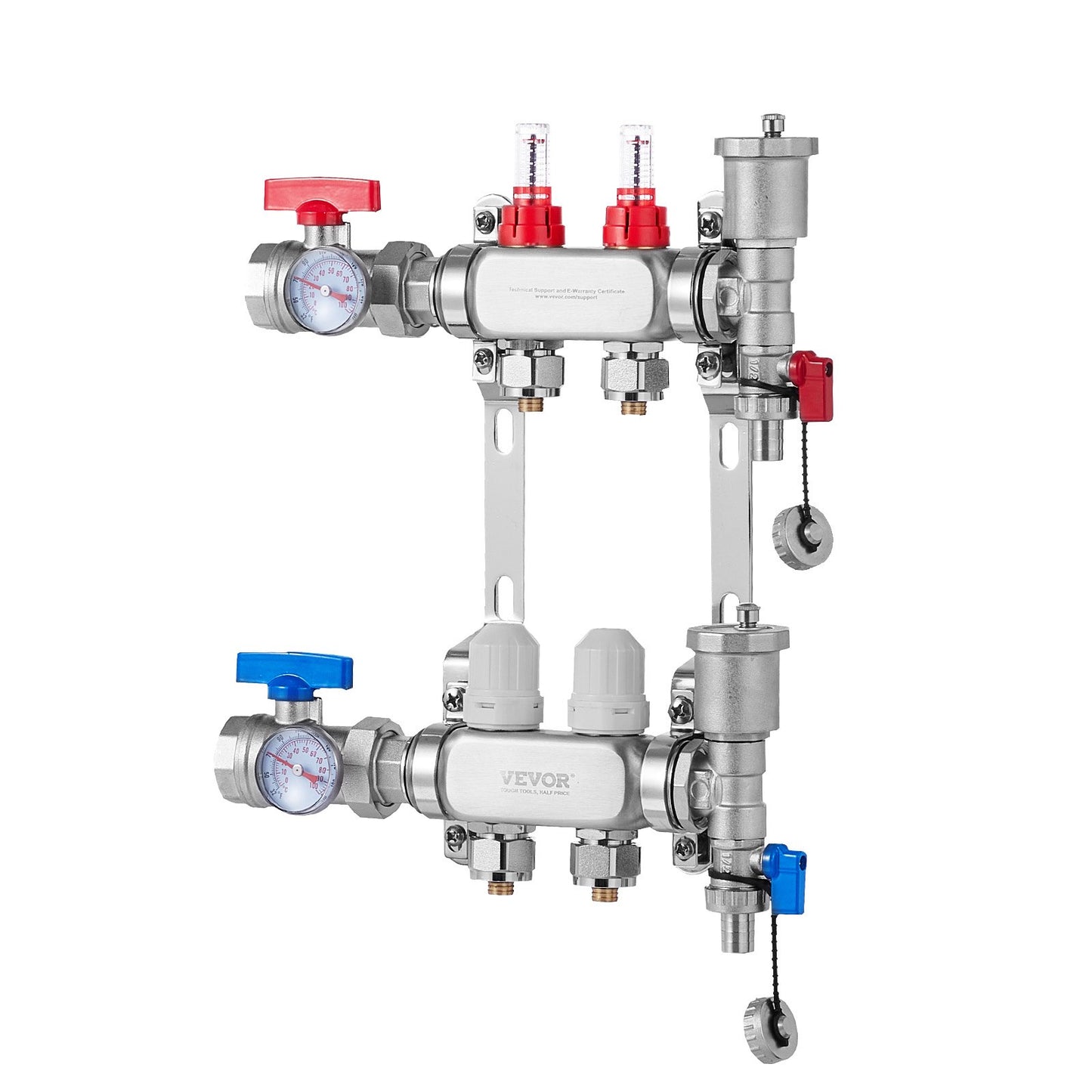 Zweifach-Verteiler für Fußbodenheizung, 1/2"-PEX-Rohrverteiler, Edelstahl-PEX-Verteiler für wasserführende Fußbodenheizung, PEX-Verteiler-Set für Fußbodenheizung inklusive 1/2"-Adaptern