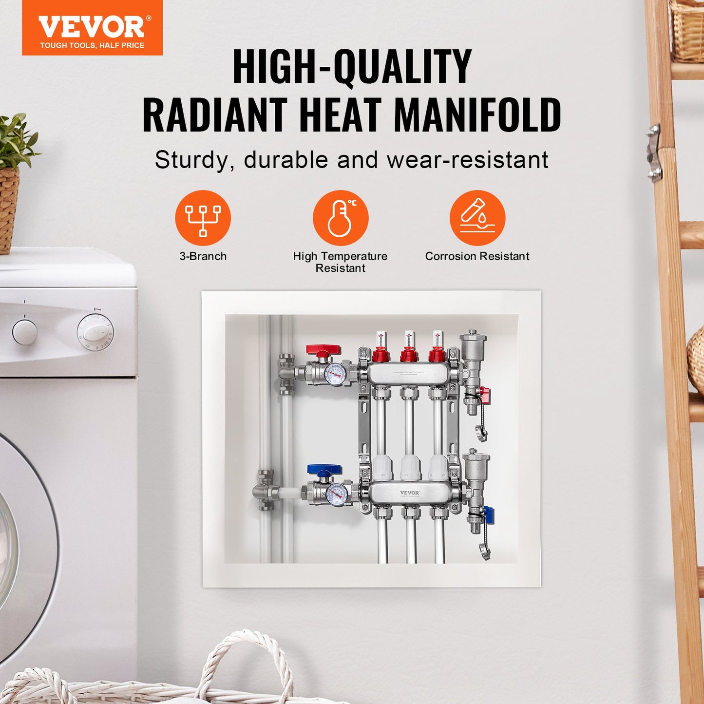 3-facher Verteiler für Fußbodenheizung, 1/2"-PEX-Rohrverteiler, Edelstahl-PEX-Verteiler für wasserführende Fußbodenheizung, PEX-Verteiler-Set für Fußbodenheizung inklusive 1/2"-Adaptern