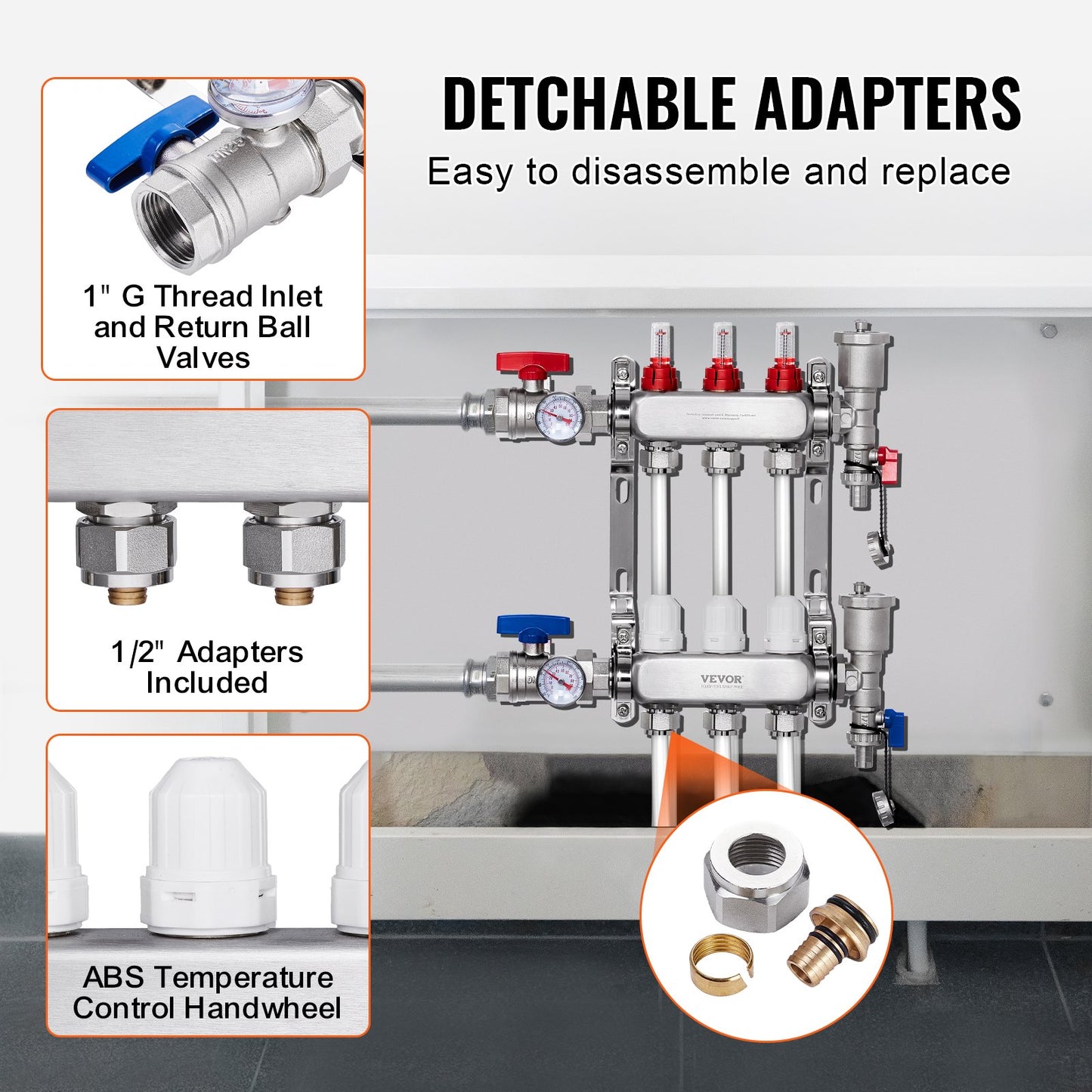 3-facher Verteiler für Fußbodenheizung, 1/2"-PEX-Rohrverteiler, Edelstahl-PEX-Verteiler für wasserführende Fußbodenheizung, PEX-Verteiler-Set für Fußbodenheizung inklusive 1/2"-Adaptern