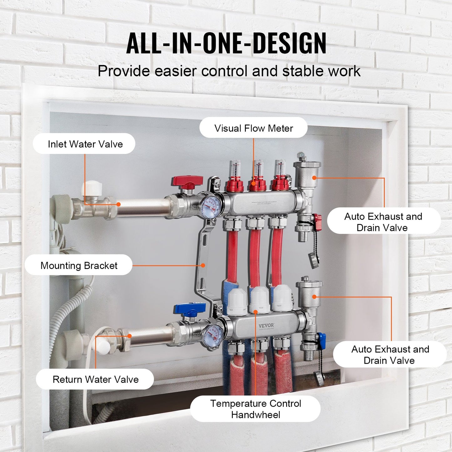 3-facher Verteiler für Fußbodenheizung, 1/2"-PEX-Rohrverteiler, Edelstahl-PEX-Verteiler für wasserführende Fußbodenheizung, PEX-Verteiler-Set für Fußbodenheizung inklusive 1/2"-Adaptern